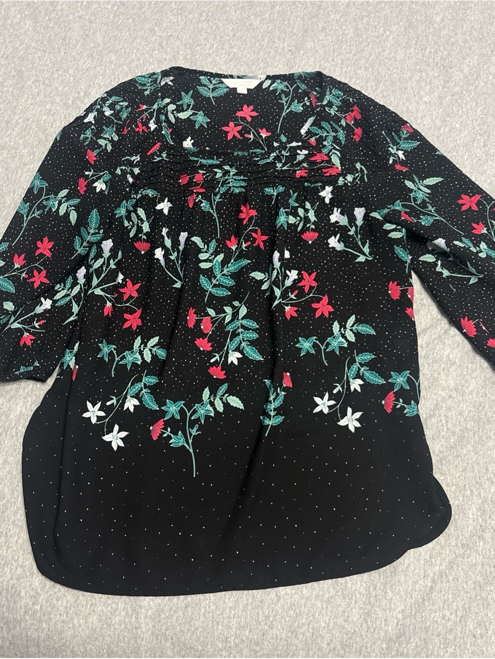 LC Lauren Conrad Black Floral Smocked Neck Blouse with Teal and Red Accents